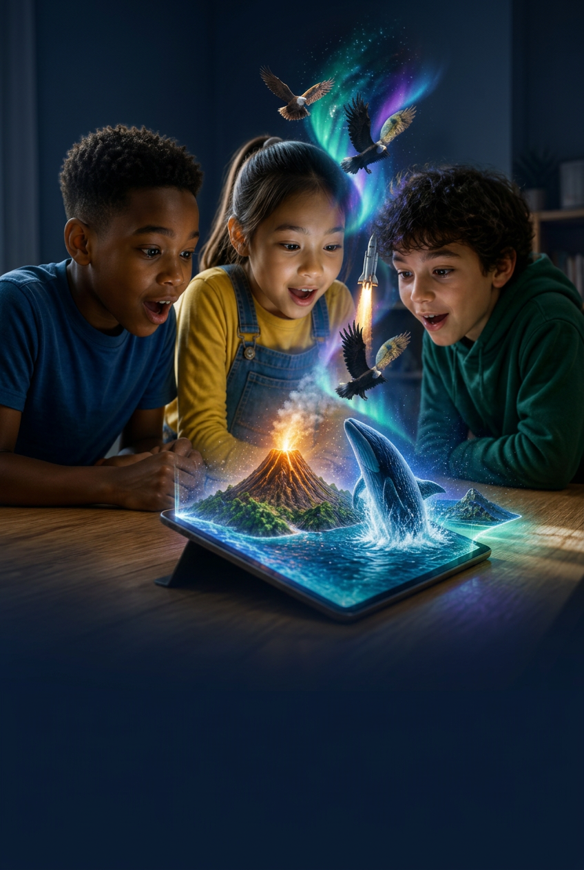 Three young learners watching a glowing SparkQuest world rise from a tablet